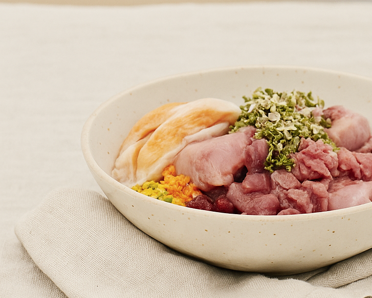 Embark Raw Pantry Fresh Raw Dog Food Made to Order Holiday Accommodation Delivery Hawks Nest Bowl of food with various ingredients on a beige surface