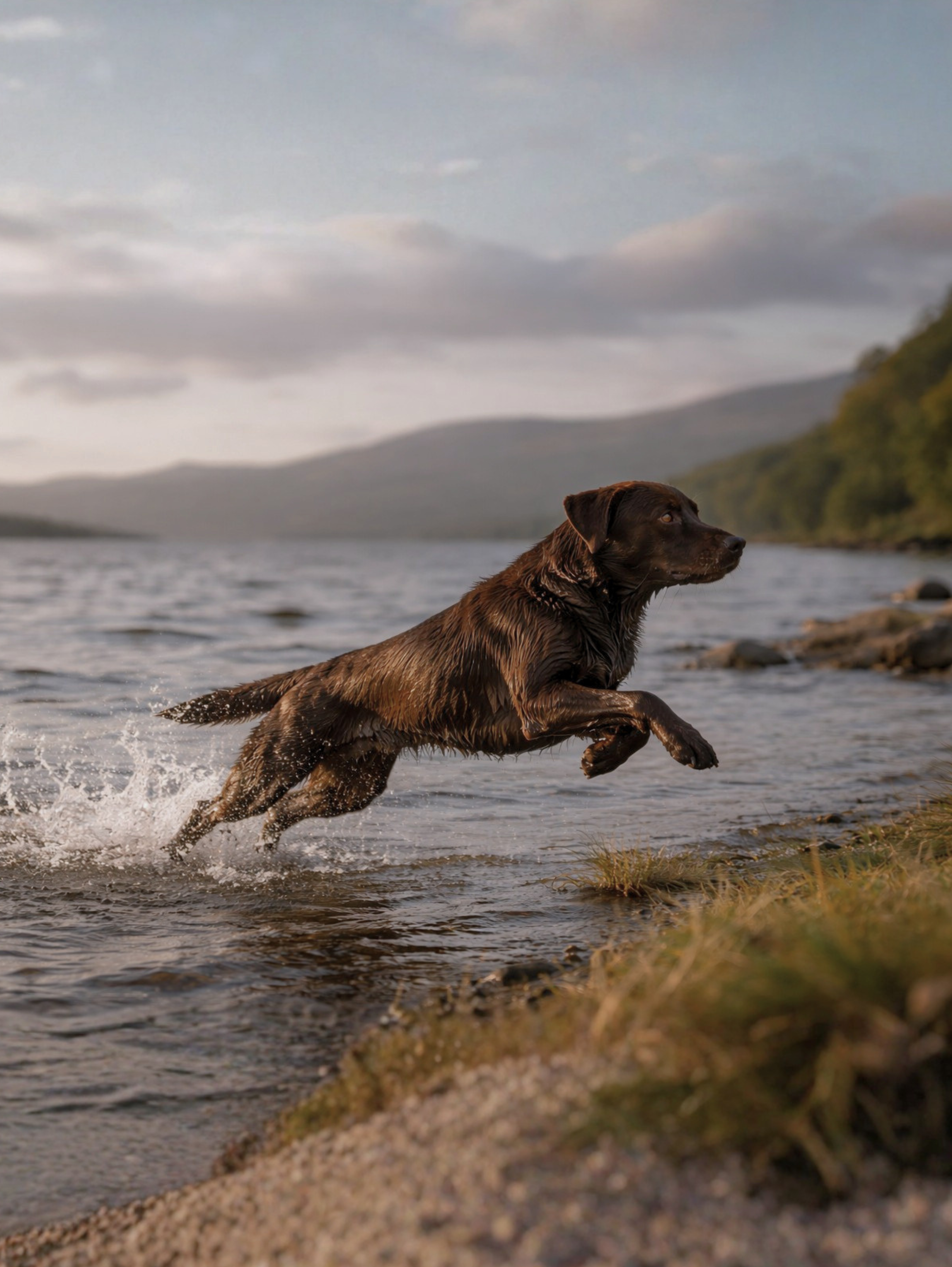 Large athletic dog leaps powerfully out of lake water to the shore at sunset.