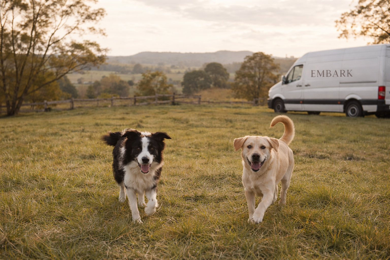Fresh raw dog food delivery in NSW Australia with dogs running in natural paddock setting